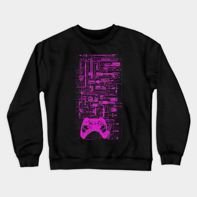 Neon Pink Video Game Controller Blueprint Crewneck Sweatshirt by Trip Tank